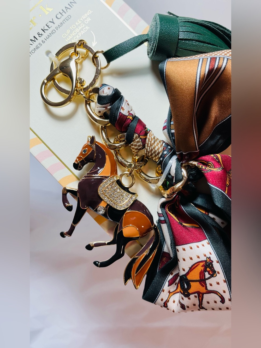 Gold-Tone Horse Charm Keychain with Burgundy & Green Accent Scarf